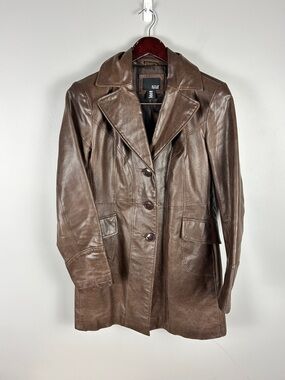 A.N.A. Genuine Leather chocolate Brown Trench Coat Small Midi Length 90s Y2K
